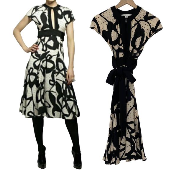 Diane von Furstenberg Silk Wool Midi Dress Abstract PolkaDot Print Black Ivory 4 - Picture 1 of 12